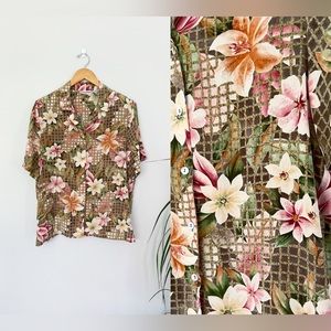 Vintage 80s SILK Alfred Dunner Floral Button-Up Blouse Hawaiian Oversized Summer
